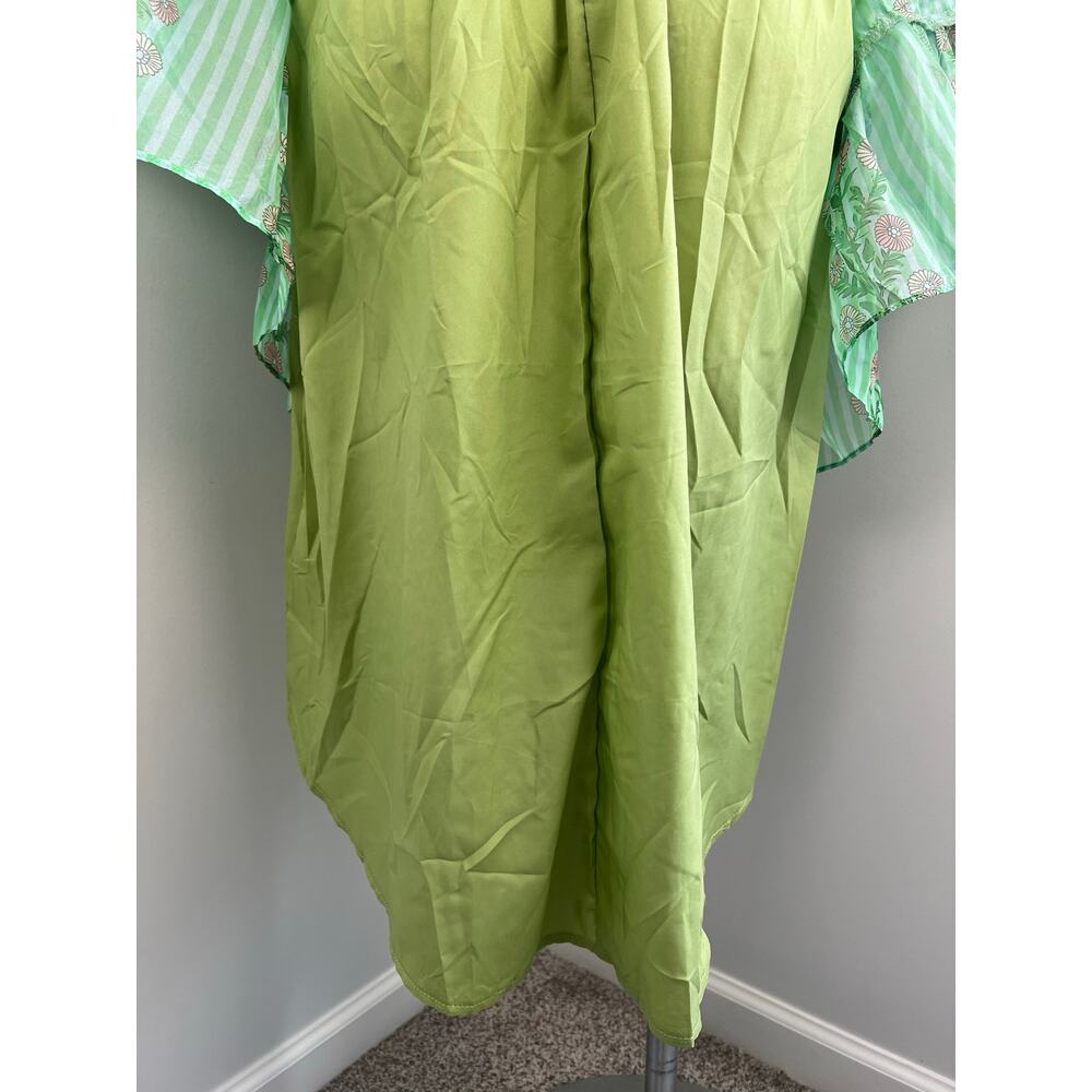 Women's Green Sheer Floral Ruched Tiered Ruffle Garden Party Whimsical Dress - Picture 5 of 6
